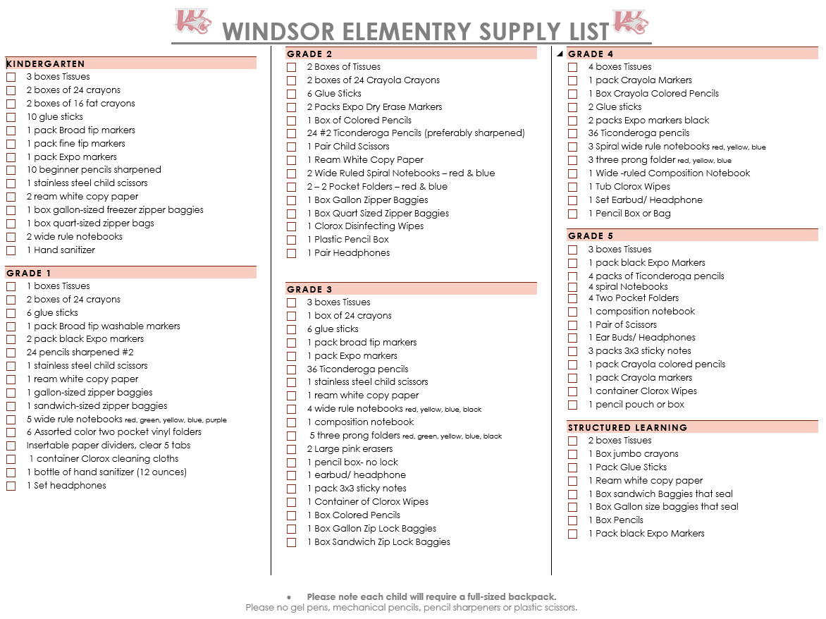 Updated School Supply List Windsor Elementary School